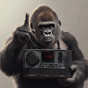 Gorilla turning on a boombox with its finger