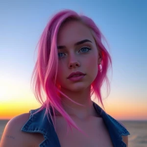 Photo of A stunning 30yo female, pink hair and purple eyes.