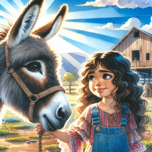 Watercolor portrait of a little girl with wavy hair standing nea...