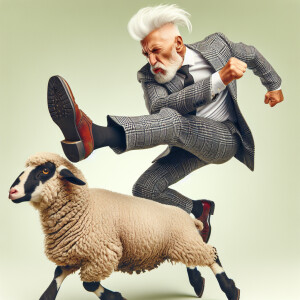 Donald J Trump kicking a sheep.