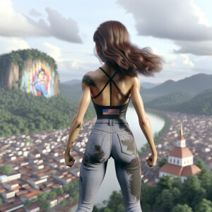 Athletic Thin skinny Attractive, Asian teenage girl, long brown hair and bangs, wearing tight skinny jeans and a halter top paint marks on her clothing, heroic pose Asian graffiti background, backside view