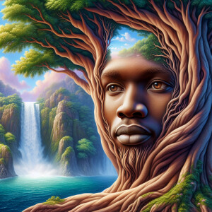 Create a hyper-realistic 3-D oil painting of a tree integrated w...