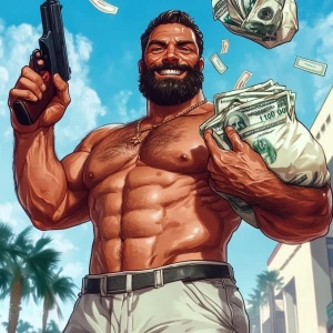 White muscular thin man with beard, big chin, smile and cheekbon...