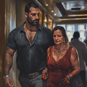 Photorealism,.A sweaty beefy man walking with his 54 year old ka...