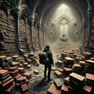 A man with a backpack is standing in an old gloomy room with boo...