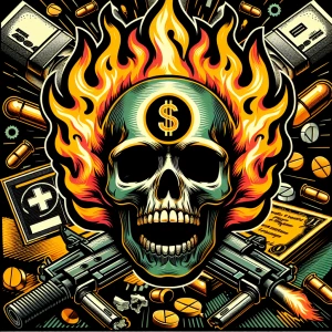 Create an intense, comic-style brand logo featuring a skull engu...