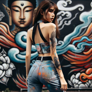 Attractive, Asian teenage girl, long brown hair and bangs, wearing tight skinny jeans and a halter top paint marks on her clothing, backside view heroic pose Asian graffiti