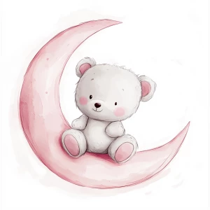 A cute, cartoon teddybear sits on a stylized, rosy-pink crescent moon. The teaddy bear is light gray with large, round, pink-spotted ears.  Its body is round and he has expressive eyes.  its facial expression is happy and friendly. The teddy bears legs and feet are visible, and its posture is relaxed, sitting, slumped into the moon. The moon is a soft, shaded pink, with watercolor-like texture and subtle shading. The background is white. The image is in a child-friendly style, showcasing delicate line work and color palettes. The composition is centered on the teddy bear which is positioned on the moon. The overall style is sweet, whimsical, and reminiscent of children's book illustrations.  The colors are pastel and soothing, creating a gentle atmosphere.