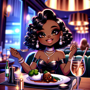 Illustrate a stylish Chibi-style character, a woman with glossy...
