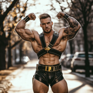 In this image, a muscular man is posing on an outdoor street, fl...