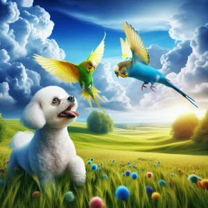 A bichon Frise with a short hair cut playing with 2 budgies in h...