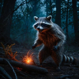 Anthropomorphic racoon in a dark, haunted forest, glowing fiery...