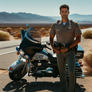 A middle aged California Highway Patrol officer standing by his...