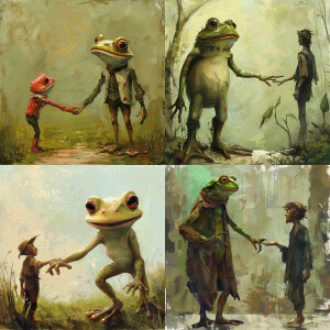 A humanoid frog shakes hands with a man