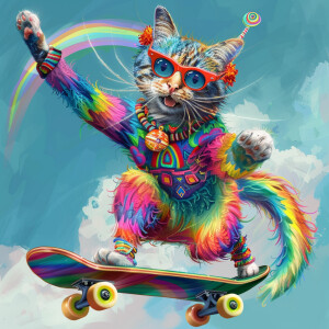A cat skateboarding in a vibrant hippie costume adorned with rai...