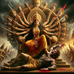 an angry and gorgeous goddess durga sitting on a golden throne and slaying mahishasur by carrying him on top her lap and stabbing him with her long red fingernails. gold jewelry all over her body. she has eight arms. Mahishasur has wounds. Background is intense battlefield. Ultra detailed face, hyper realistic photography, Epic scene. 4k, HDR