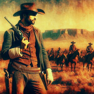 An old west cowboy standing in the middle of the road, in the m...