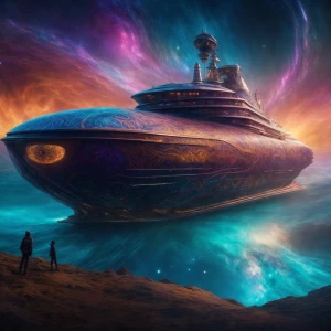 A shimmering eldritch quantum cruiser emerges from a rippling po...