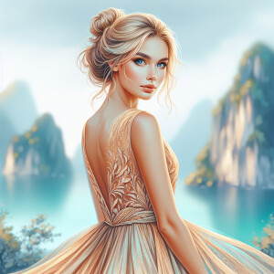 Create a full length portrait of a lady with blonde hair, blue e...