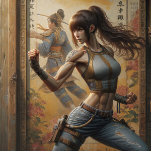 Athletic Thin skinny Attractive, Asian teenage girl, long brown hair and bangs, wearing tight skinny jeans and a halter top paint marks on her clothing, heroic pose Asian graffiti background, backside view