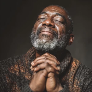 Generate an image of an elderly African American man kneeling an...