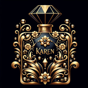 Design a fancy, black and gold bottle of perfume in the shape of a woman’s body. With a golden diamond top, flowers pearls and Diamonds in the name, Karen