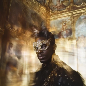 A blurred, artistic portrait of a Black man with a pearl masquer...