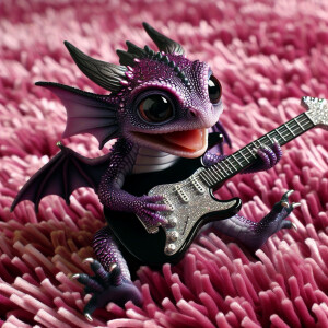 A purple baby dragon playing the electric guitar on a pink shag...