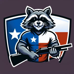 muscular racoon 
wearing a texas flag t-shirt holding a rifle
