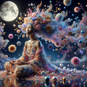 "Create an image of a majestic light skin Hawaiian woman whose f...