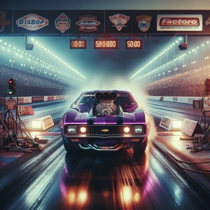 Create image of a purple 1974 Chevrolet Vega Dragster line up at...