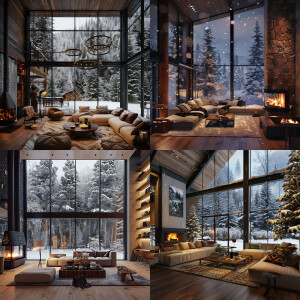 A nice house in the living room see through window snowing with...