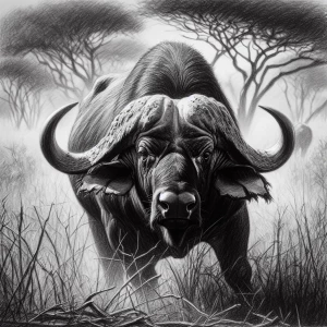 charcoal sketch of a Cape buffalo standing in front of an Africa...