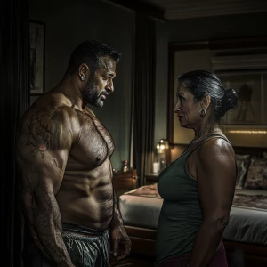 realism .A sweaty muscular man talking with his 54 year old pun...