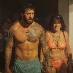 Hyperrealism painting ,a latin muscular beefy bearded tattoed s...