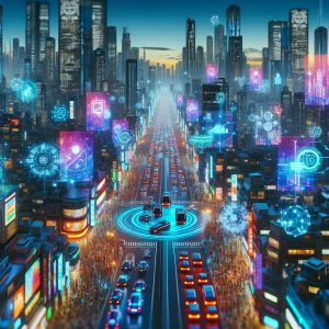 Create a digital representation of a bustling futuristic citysca...