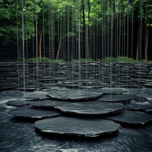 Creates an image of a gravity-defying fountain composed of separ...