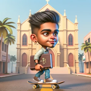 Create a humorous, caricature, featuring an attractive young boy...