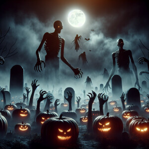 Zombie hands and arms burst through the fog-covered cemetery gro...