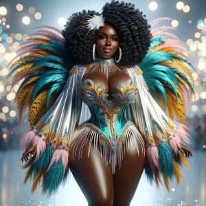 Create a 3-D  vivid full-body view of a colorful glossy hyper-realistic oil painting of a detailed illustration full length photo single image of a beautiful African-American caramel skinned woman plus sized, with long, black, wavy hair, her make up is airbrushed and flawless, she is dressed in a white, teal and yellow large, elaborate, elegant, very detailed carnival costume with colorful African-American pink, blue, gold yellow green feathers, flawless makeup, prominent lashes, black peep toe heels, white pixie hair, background bokeh, she is stunning and smiling, digital art.