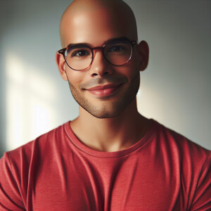 Bald hispanic trans man with glasses and wearing a red tshirt.
