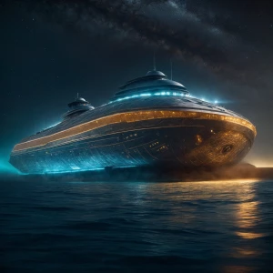 A mesmerizing quantum cruiser suspended in a hazy void, its slee...