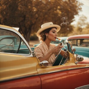 A woman riding vintage car, having fun, smoking