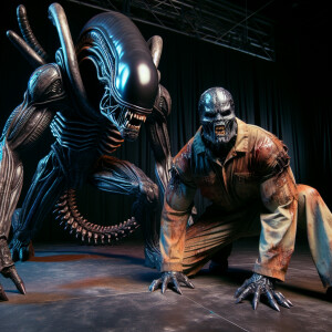 Venom, clad in a tattered and blood-stained suit, is poised on h...