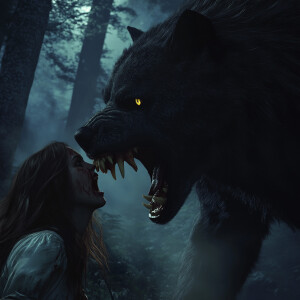 A werewolf with dark fur, sharp yellow eyes, and bared fangs bit...