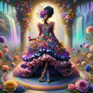 Remix Prompt
S/O Jackie Torres
S/O Panda Locke

create a animated style hyper realistic airbrush whimsical oil painting of a light African American woman wearing a flawless beautiful purple, pink, and gold blossom dress long flowing with colorful flowers and ruffles on the dress colorful jewelry made of flowers she has long black dreadlocks in a bun a colorful rose in her hair her peep toe shoes is matching her dress behind her is a beautiful waterfall liquid glowing lights beautiful colorful rainbow surrounded by beautiful roses.