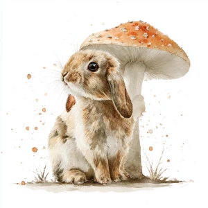Watercolor illustration of a rabbit sitting under a mushroom on...