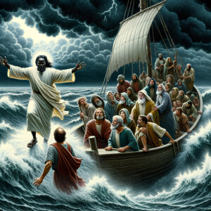 African-American Jesus telling Peter to come walk on the water,...