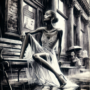 Ink wash: Create an image of an elegant African lady tan skin to...