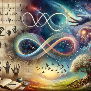 lie detector graphs, cardio, printout , branches infinity sign, cave, Art, handprints, distant birds flying, flowering vines, abstract gestural painting, dna cave drawings galaxies electrical cardiogram